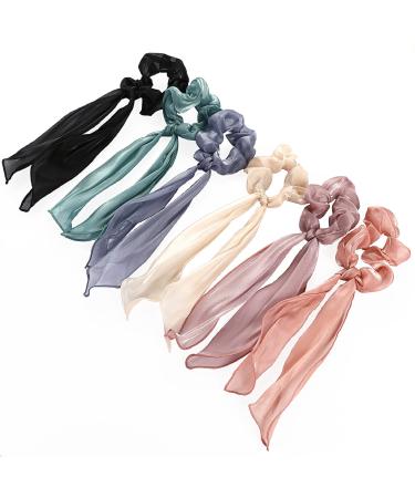 Hair Scarf Scrunchies for Women 6 Pack Silk Hair Scrunchies Ponytail Scarf Bow Scrunchies with Ribbon Tails Elastic Hair Ties Ponytail Holders Hair Accessories for Women Girls