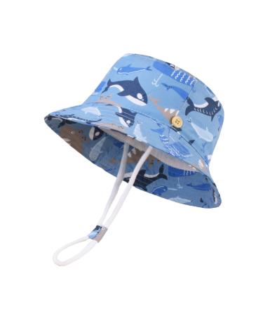 LANGZHEN Beach Sun Protection Hat for Baby Girls Adjustable Toddler Kids Hat Wide Brim Summer Play Hat with Chin Strap Fish School 2-4 Years