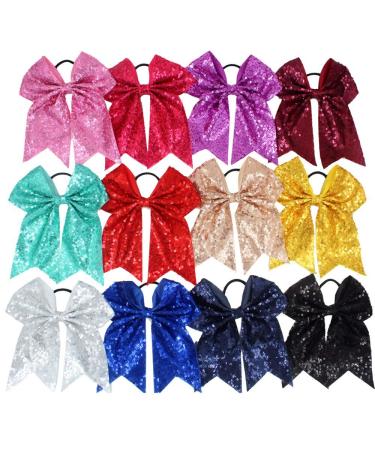 12Pcs 7.5 Glitter Sequins Pigtail Bows for Baby Girls - Sparkly Cheer Hair Bows with Elastic Hair Ties - Buy Online on SooperMarket.com