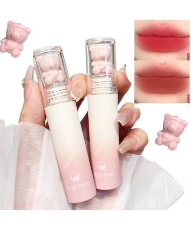 2Pcs Pink Bear Lip Glaze Matte Liquid Lipstick Cute Bear Velvet Lipgloss Moisturizing Lip Stain Waterproof Long Lasting Nude Brown Red Lip Mud Cheek Rouge Tint Cosmetics Bear Beauty Makeup
