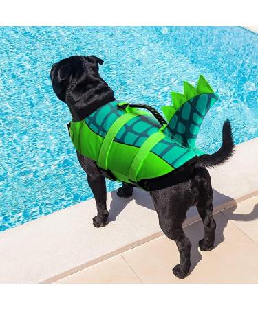 Durable Adjustable Dog Life Jacket | Ripstop Pet Safety Vest with Rescue Handle | Enhanced Buoyancy for Anxiety-Free Swimming | Small Medium Large Dogs | Green Dinosaur Design - Buy Online on SooperMarket.com