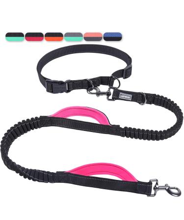 Vivaglory free-handed dog leash with double padded handles and anti-shock bungees reflective waist Running leash for jogging training for medium large dogs black/pink S: fits the waist 65-112cm black/pink