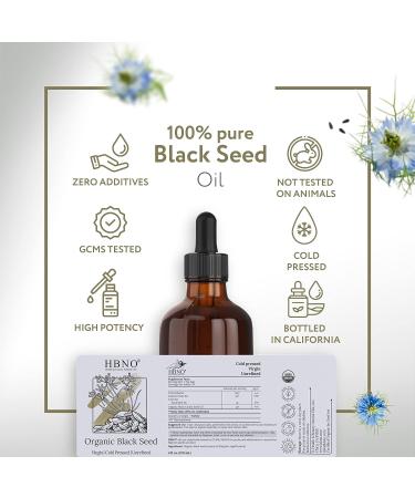 HBNO Organic Black Seed Oil 4 oz (120ml) - USDA Certified, Cold Pressed, 100% Pure Black Cumin Seed Oil for Face, Body, Hair - Organic Black Seed Oil for Shampoo & Condition - 4 Fl Oz - Buy Online on SooperMarket.com