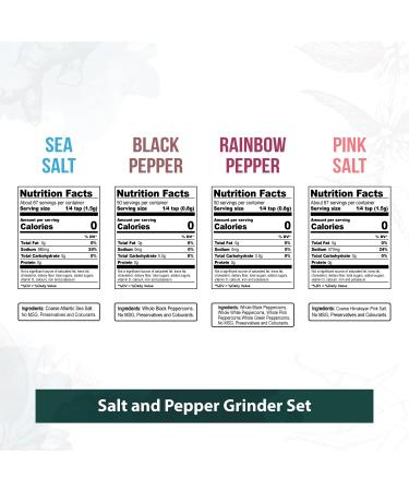 Soeos Salt and Pepper Grinder Set with Rainbow Peppercorns, Black Peppercorns, White Sea Salt, and Pink Salt - 9.8oz (277.82g) Total Spice - Plastic Bottle Grinder Included - Buy Online on SooperMarket.com