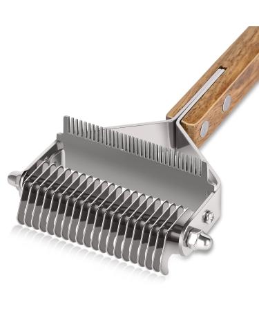 Pet Grooming Brush, 2 Sided Undercoat Rake for Dogs and Cats, Dematting Comb and Deshedding Tool for Shedding Long Hair, Pain Free Removing Tangled and Loose Fur, Stainless Steel with Wooden Handle 2 in 1 Pet Grooming Rake