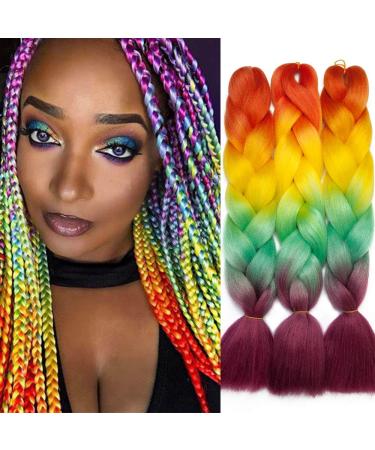 Buy Tess Braids Extensions 60cm - 3 Pack Jumbo Kanecalon Ombre Braids for Box Braids - 100g/bundle Orange/Green/Pink Hair Extensions - Buy Online on SooperMarket.com