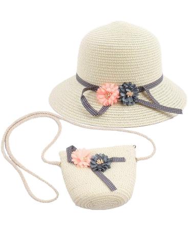 Integrity.1 girls summer sun hat small shoulder bag for girls girls straw hat suit summer flower sun hat flower visor sun hat children's straw hat and small bag (milky white)