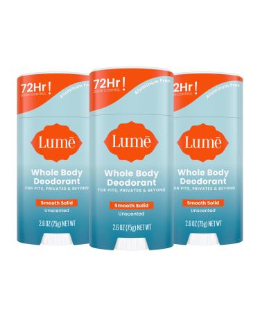 Lume Whole Body Deodorant - Smooth Solid Stick - 72 Hour Odor Control - Aluminum Free Baking Soda Free and Skin Loving - 2.6 Ounce (Pack of 3) (Unscented) Unscented 2.6 Ounce (Pack of 3)