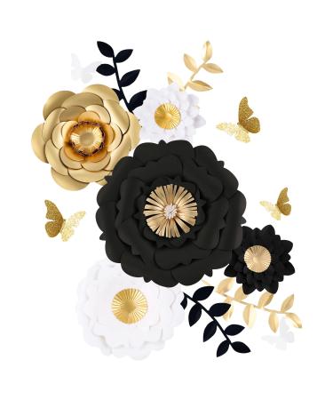 Fonder Mols 3D Paper Flower Decorations(Set of 13  White Black Gold)  Giant Paper Flowers for Wedding Backdrop  Graduation Party  Bridal Shower  Halloween Centerpieces  Nursery Wall Decor