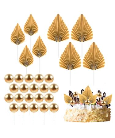 LLMSIX 28PCS Gold Palm Leaves Cake Decorations 20PCS Gold Foam Balls Cake Topper 8PCS Paper Palm Leaf Insert Cake Decoration for Baby Shower Wedding Birthday Party Supplies (Gold)