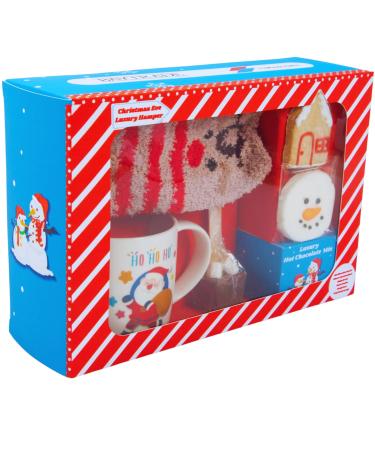 Christmas Eve box for Kids Adults - Luxury Hot Chocolate Hamper -Red and White Candy Canes Santa Mug Gingerbread Man Instant Hot Chocolate Powder Warm Socks Toppers Stirrer - Xmas Gifts Boy Girl
