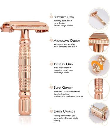 Kanzy Butterfly Rose Gold Safety Razor for Women & Men - Double Edge Single Blade Metal Reusable Shaving Kit for Perfect Shave - Buy Online on SooperMarket.com