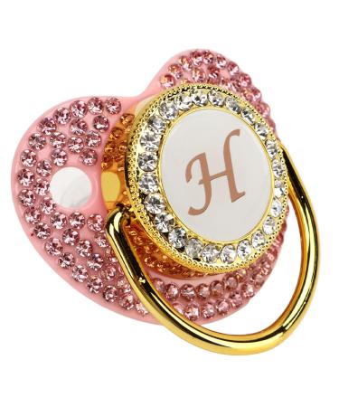 Golden Baby Pacifier 26 Letters Personalized Pacifier Clip Set Covered Rhinestones Curved Design Baby Pacifier Baby Soother Silicone Pacifier for Baby Milk Powder Feeding (Letter H)