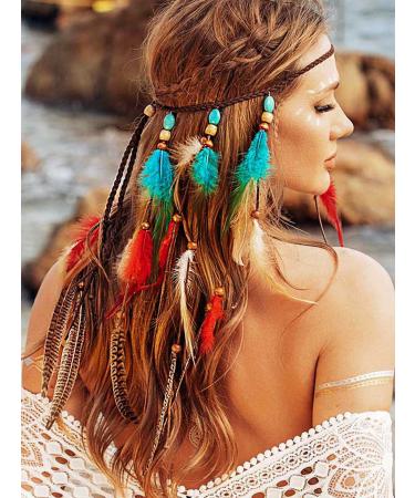 CAKURE Boho Feather Headband Gypsy Indian Headdress Bohemia Turquoise Headpiece Blue Hippie Headbands Hairband Adjust Headwear Feather Hair Accessories for Women and Girls (Type A)