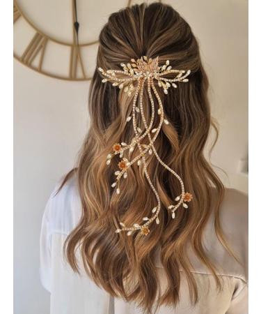 Handcess Bridal Wedding Hair Comb Gold Rhinestone Hair Pieces Crystal Bridal Hair Side Combs Flowers Wedding Hair Accessories for Women and Girls