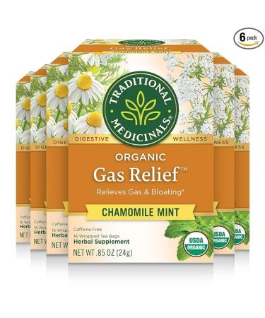 Traditional Medicinals Tea Organic Gas Relief, Relieves Gas & Bloating Chamomile Mint 16 Count (Pack of 6)