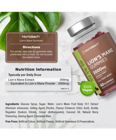Lions Mane Gummies 2000mg | High Strength Lions Mane Supplement | Mushroom Extract | Natural Berry Flavour | 60 Vegan Gummies | by Horbaach - Buy Online on SooperMarket.com