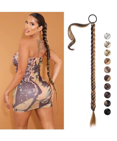 REECHO DIY Braid Ponytail Extension Long Straight Wrap Around Ponytail Hair Extensions Natural Soft Synthetic Hairpieces for Women - Chocolate Brown with Blonde Highlights 180g 34Inch-180g Chocolate Brown with Blonde Highlights