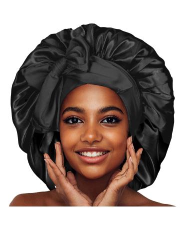 Satin Bonnet Silk Bonnet for Women Hair Bonnet for Sleeping Jumbo Bonnet Satin Silk Bonnet Adjustable Tie Bonnet Large Bonnets Sleep Cap with Stretchy Wide Tie Band for Long Curly Braid Hair(Black)