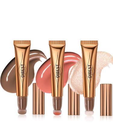 3Pcs Contour Beauty Wand Liquid Face Concealer Contouring with Cushion Applicator Liquid Blush Shading Bronzer Stick Natural Matte Finish  Lightweight Blendable Super Silky Cream Contour Stick Makeup(Contour&Blush&Highli...