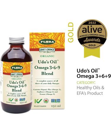Flora - Udo s Oil Omega 3+6+9 Blend 100% Sustainable Plant-Based Balanced 2:1 Ratio of Omega-3 & Omega-6 Non-GMO + Organic + Vegan + Keto-Friendly 250 mL Liquid Glass Bottle - Buy Online on SooperMarket.com