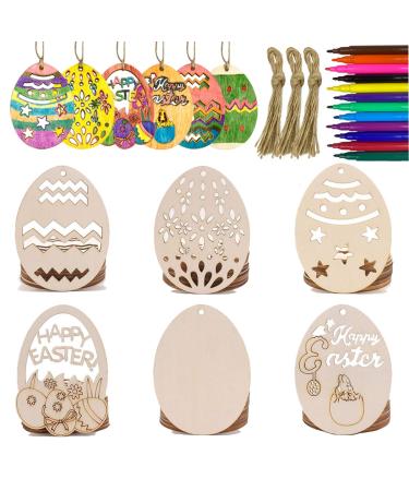 Anditoy 30 PCS Easter Wooden Hanging Ornaments Unfinished Wood Slices Eggs Easter Crafts for Kids DIY Easter Decorations Party Supplies Decor