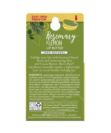 Burt's Bees Rosemary Lemon Lip Butter 0.4oz - 6 Tins | 100% Natural Moisturizing Lip Balm | Pack of 1 - Buy Online on SooperMarket.com