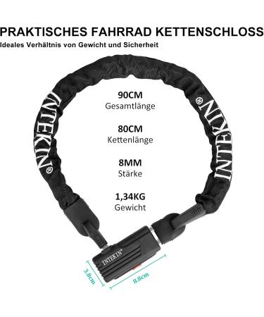 Intekin High-Security Bicycle Chain Lock - 90cm Heavy-Duty Hardened Steel 8mm Strong Square Chain for Bikes E-Bikes Scooters Motorcycles Fences & Gates - Buy Online on SooperMarket.com