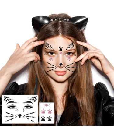 Cat Face Gems & Rhinestones for Women & Kids | Stick-On Whiskers & Body Gems | Perfect for Rave & Halloween Makeup - 4 Sheets - Buy Online on SooperMarket.com