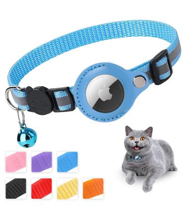Mouyou Airtag cat neck band Airtag collar cat soft nylon reflective with bell and safety clasp tracking cats collar with holder airtag case adjustable from 22-34cm blue