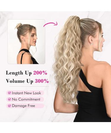 REECHO 26 Long Beach Wave Ponytail Extension - Ash Brown with Platium Highlights | Synthetic Drawstring Hairpiece for Women - Buy Online on SooperMarket.com
