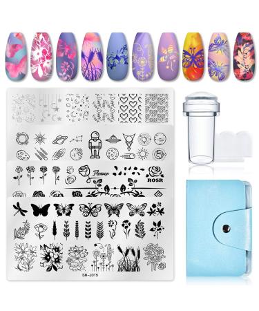 Meet Across Nails Art Stamping Plate Scraper Stamper Set Nail Date Template Image Plate 4 pieces Nail Stamping Plates + 1 Stamper + 1 Scraper + 1 Storage Pocket (Set-1)