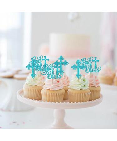 Rsstarxi 24 Pack God Bless and Baptism Cupcake Toppers Glitter Cross God Bless Cupcake Picks Decorations for Babyshower Christian First Communion Baptism Party Cake Decorations Blue - Buy Online on SooperMarket.com