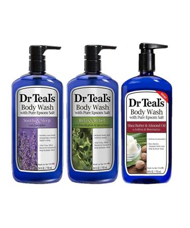 Dr Teals Body Wash Variety Gift Set (3 Bottles  24 oz ea) - Soothe & Sleep  Soften & Moisturize  Relax & Relief - Lavender  Almond Oil  & Eucalyptus Scents - Essential Oil & Epsom Salts for Relaxation