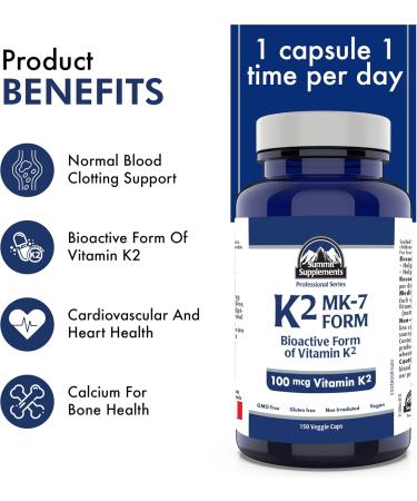 Vitamin K2 MK-7 150 Caps - K2 Vitamin Supplement MK-7 Vitamin K-2 100 mcg - Heart Health - Cardiovascular Health - Blood Clotting -3rd Party Tested - Formulated & Made in Canada 150 count (Pack of 1) - Buy Online on SooperMarket.com