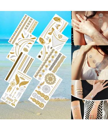 8 Sheets Gold Metallic Temporary Tattoos for Women - Shimmer Designs, Jewelry Fake Tattoo Stickers - Waterproof Body Makeup - Buy Online on SooperMarket.com