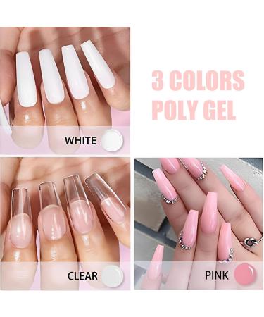 Poly Nail Gel Kit With Lamp UV 3 Color Nail Builder Gel Full Set With Chrome Nail Powder Poly Nail Extension Gel For Beginner False Nail Crystal Gels Enhancement For Women Gift (ClearWhitePink) - Buy Online on SooperMarket.com