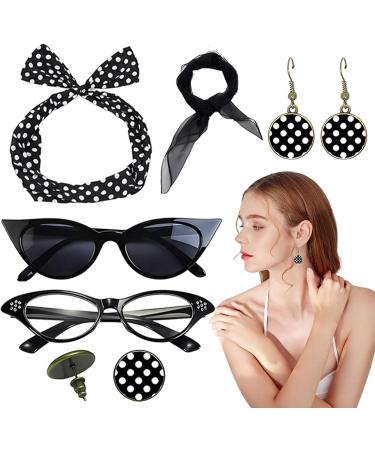 Lesunbak 50s Accessories for Women | 1950s Outfit with Headbands and Drop Earrings Costume Accessories with Red Bow Headband Vintage Polka Dot Hair Bands Cat Eye Glasses Black One Size - Buy Online on SooperMarket.com