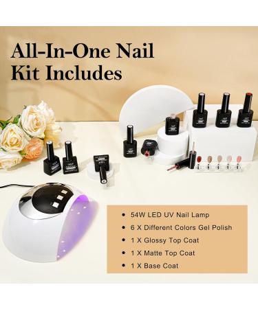 Gel Nail Kit Set with 6 Colors, 54W UV Lamp, Glossy & Matte Top/ Base Coat - Pink, Gray, White Gel Polish Starter Kit for DIY Nail Art at Home - Buy Online on SooperMarket.com
