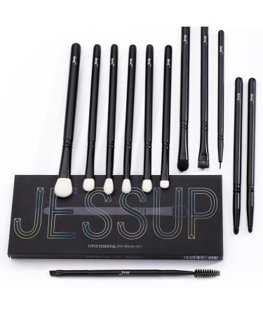 Jessup Eyeshadow Brush Set 12pcs Black Eye Makeup Brushes Set Professional with Natural Synthetic Hair for Eyebrow Eyelash Eyeliner Spoolie Blending T322 F-T322