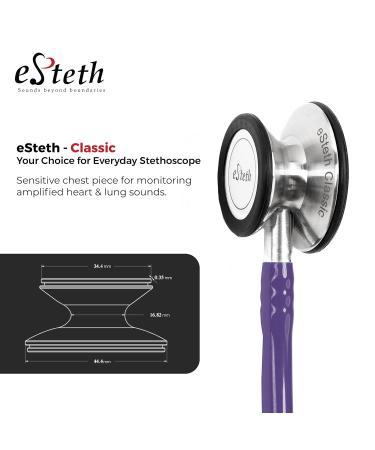 eSteth Classic Stethoscope Lightweight Sensitive Chest Piece for Heart & Lung Sounds - Flexible Tubing Extra Ear Tips Non-Chill Ring - 32" Purple - International Shipping Available - Buy Online on SooperMarket.com