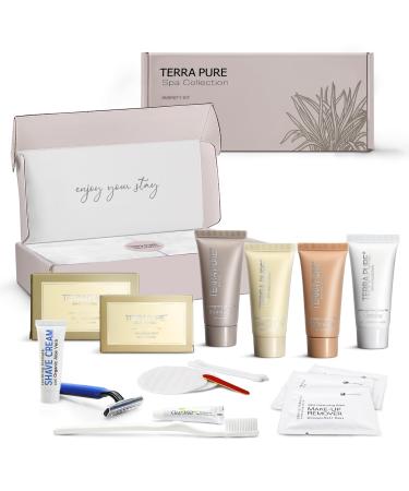 Terra Pure Spa Collection Amenity & Accessory Kit |1 oz Travel Size Shampoo Conditioner Lotion Body Wash 2 Soap Bars Shave & Dental Sets Make-Up Remover Wipes & Vanity Kit | 1 set per case (Boxed w/ Acc) 6 pc Set | 6 Pieces