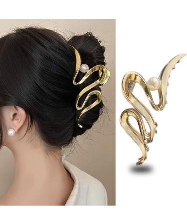 Gold Metallic Ribbon-Shaped Pearl-Encrusted Hair Claw  Large Size  1Pcs  Suitable for Women with Thick Hair and Thin Hair  Strong Hold  Stylish Hair Accessory Must-Have for Girls (Gold Ribbon)