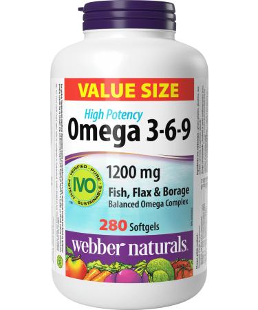 Webber Naturals Omega 3-6-9 1 200 mg Fish Oil 280 Softgels Supports Cardiovascular Health and Brain Function