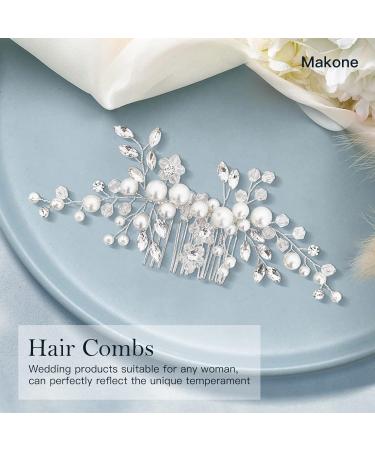 Makone Silver Pearl Flower Wedding Hair Piece for Bride | Bridal Accessories for Women & Girls - Wedding Hair Clips Pearl Comb - Buy Online on SooperMarket.com