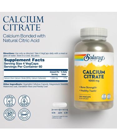 SOLARAY Calcium Citrate 1000mg | Bone Strength & Healthy Teeth | Dietary Supplement | Vegan Lab Verified | 240 Vegetarian Capsules - Buy Online on SooperMarket.com
