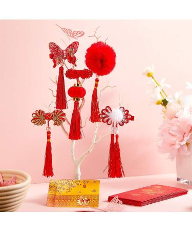6 Pairs Baby Girls Chinese Style Hair Clips with Hairy Furry Balls and Tassels - Red Lantern Butterfly Decor - Perfect for New Year and Spring Festival - Buy Online on SooperMarket.com