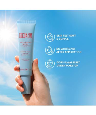 Coco & Eve Daily Water Gel SPF 50+ Sunscreen - Sun Face Protection Against UVA UVB | Australian Made Hydrating Lightweight Facial Suncream | Hyaluronic Acid Aloe Vera Glycerin for Smooth Finish - Buy Online on SooperMarket.com