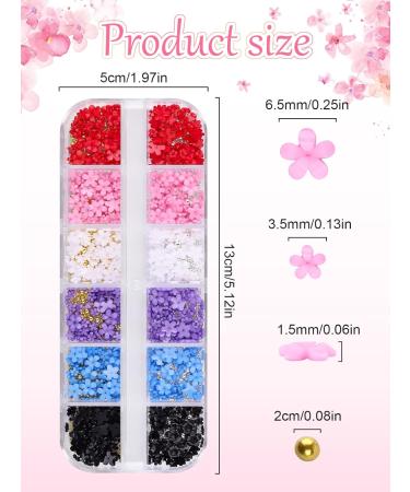 3D Colorful Flower Nail Charms | Acrylic Rhinestone Decorations | Kalolary Nail Art Studs | Gold Silver Caviar Beads | Women Girls | 12 Grids/Box - Buy Online on SooperMarket.com
