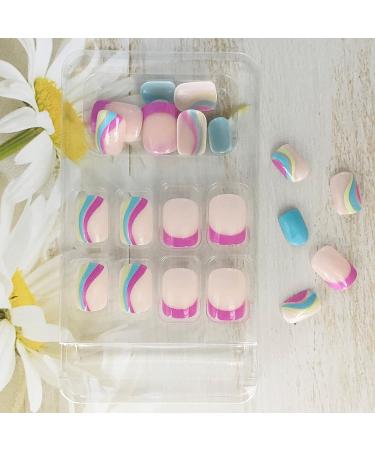 Colorful Waves French Tip Press on Nails - Glossy Blue & Pink Swirl Design | 24Pcs - Buy Online on SooperMarket.com